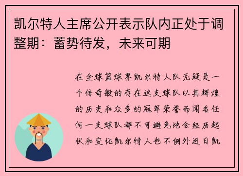 凯尔特人主席公开表示队内正处于调整期：蓄势待发，未来可期