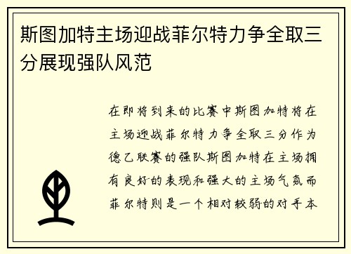 斯图加特主场迎战菲尔特力争全取三分展现强队风范
