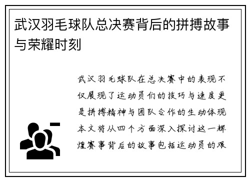 武汉羽毛球队总决赛背后的拼搏故事与荣耀时刻