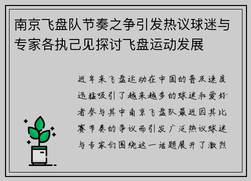 南京飞盘队节奏之争引发热议球迷与专家各执己见探讨飞盘运动发展