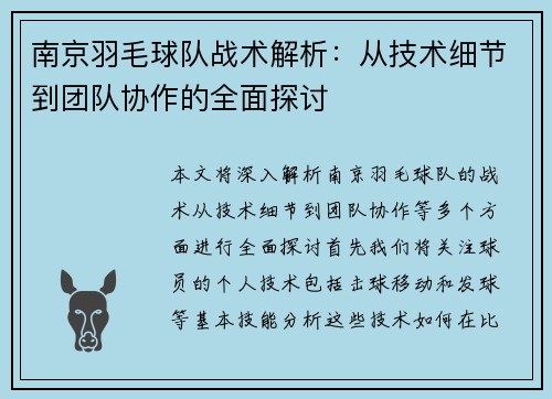 南京羽毛球队战术解析：从技术细节到团队协作的全面探讨