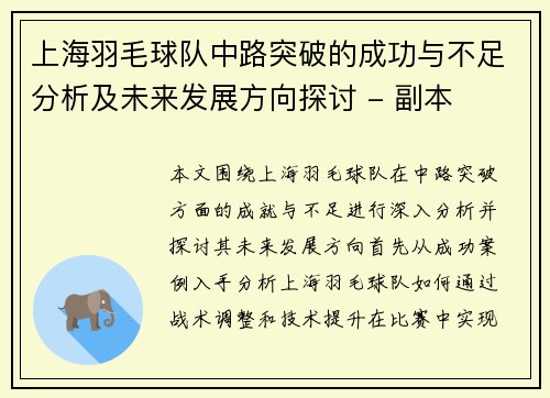 上海羽毛球队中路突破的成功与不足分析及未来发展方向探讨 - 副本