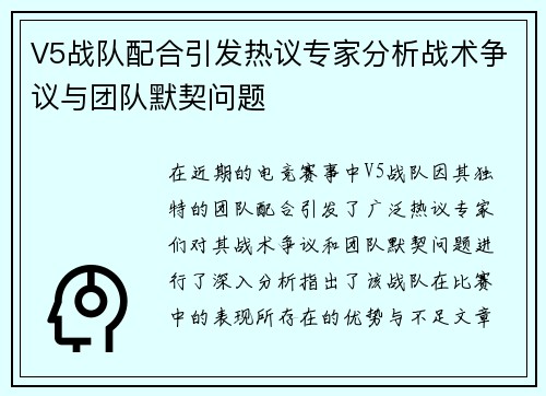 V5战队配合引发热议专家分析战术争议与团队默契问题