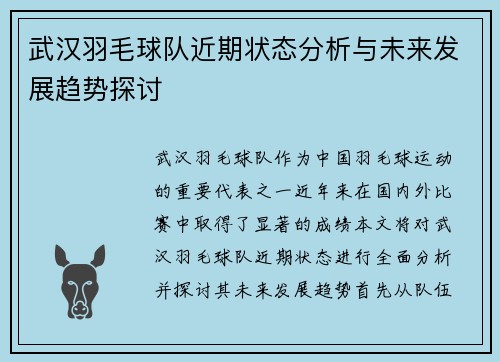 武汉羽毛球队近期状态分析与未来发展趋势探讨