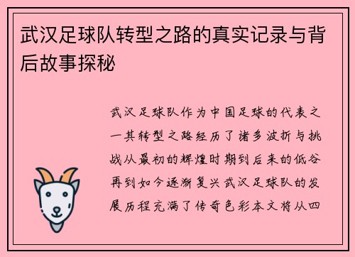 武汉足球队转型之路的真实记录与背后故事探秘